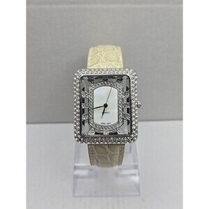 Adrienne Womens Rhinestone Open Square Watch Cream Croc Leather New Battery